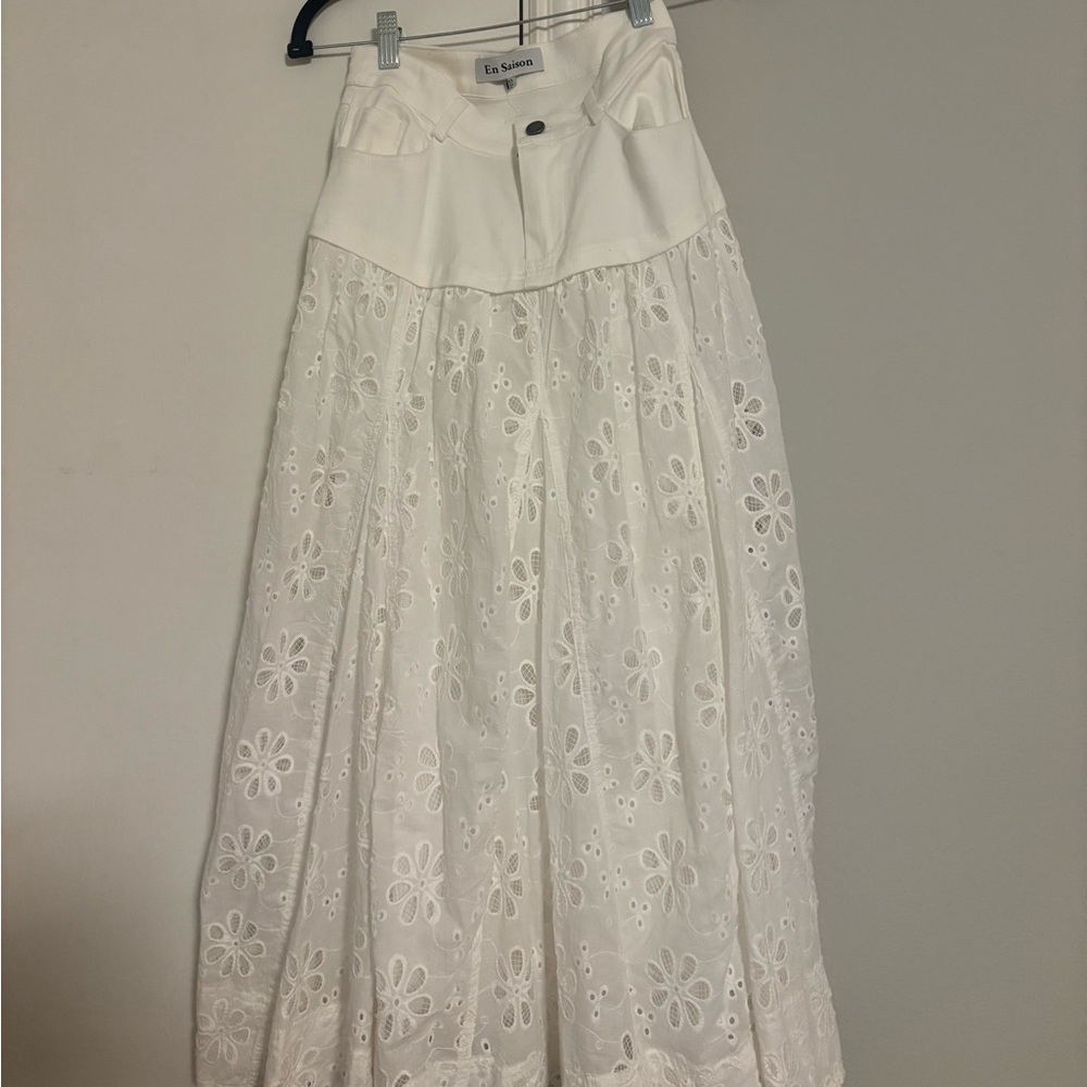 Anthropologie White Maxi Skirt A-Line Pleated Tiered